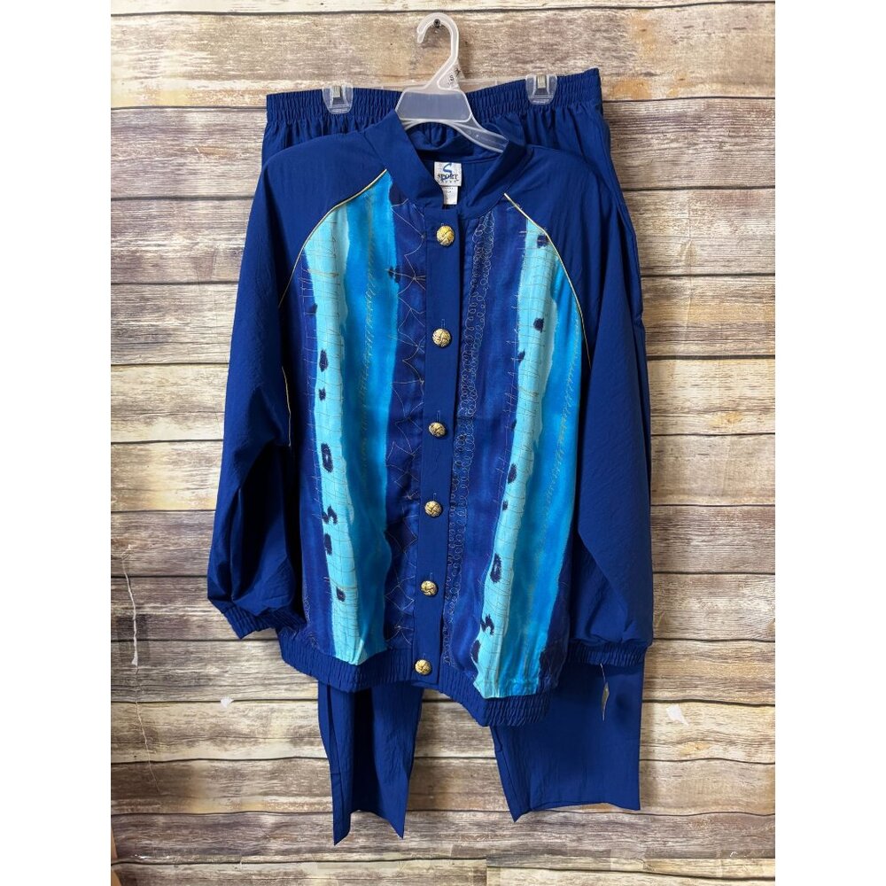 Sport Savvy Mandarin Collar‎ LeChute Jacket Pants Set 2X Blue Abstract Button-Up